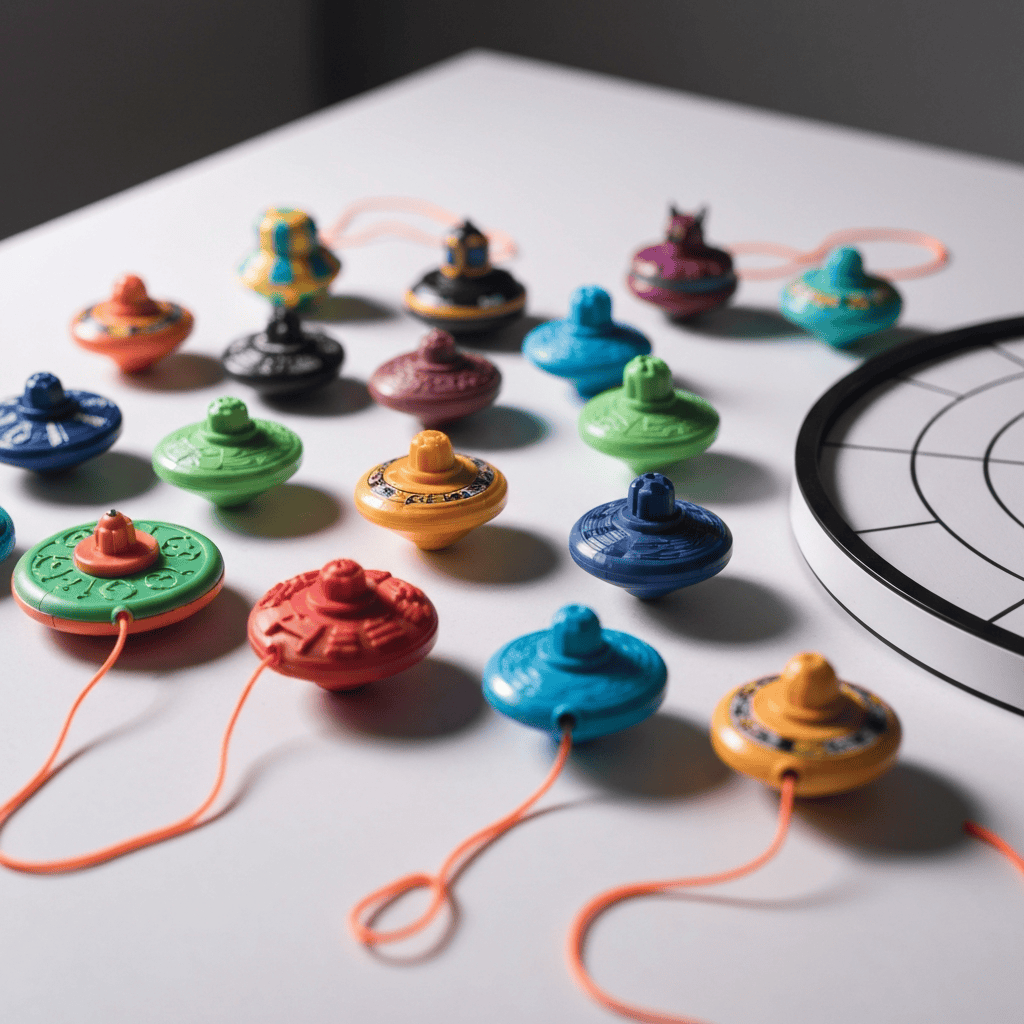 Spinning top battle toys with launchers and arena flat lay