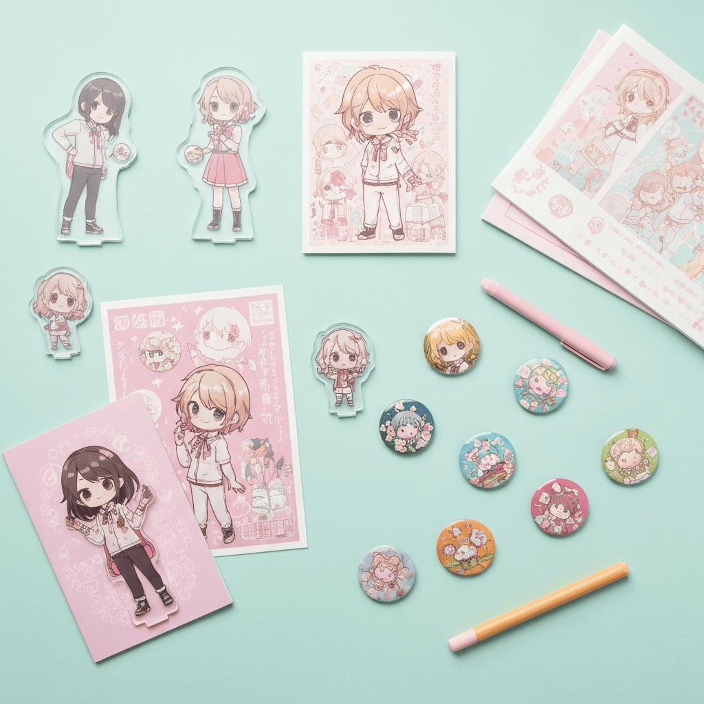 Flat-lay of Japanese indie doujin goods including acrylic stands art prints and enamel pins