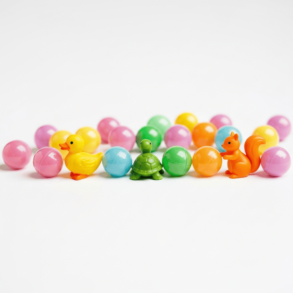 Colourful capsule-toy capsules and tiny plastic figures on a light grey surface