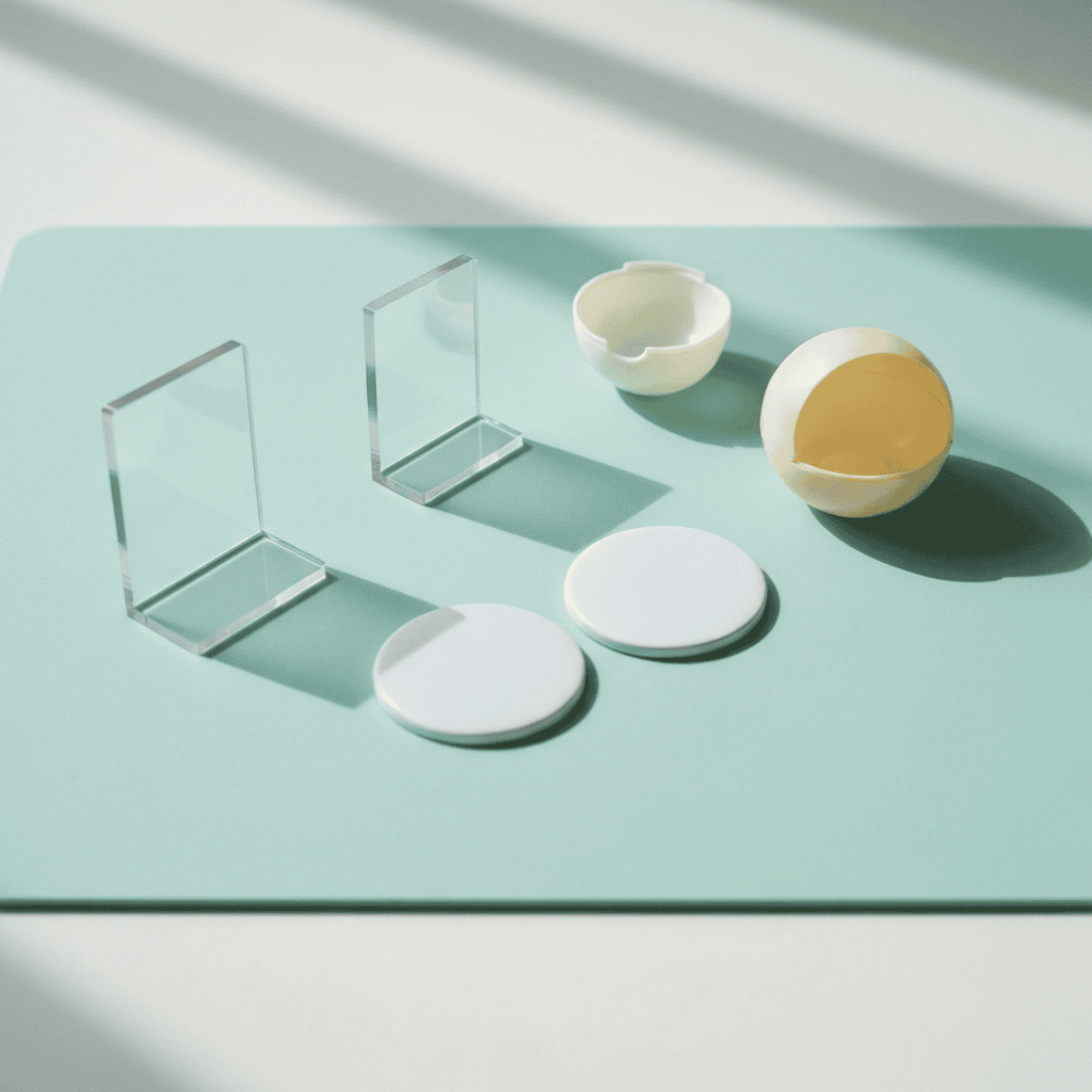 Flat-lay of blank acrylic stands, plain can badges and a capsule toy on a pastel desk mat