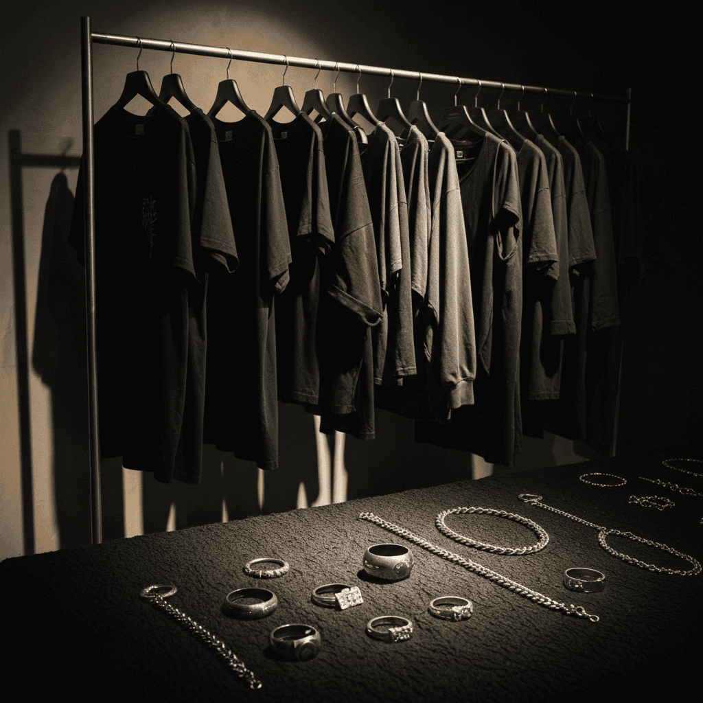 Dark Japanese streetwear clothing rack with silver rings and accessories flat-lay