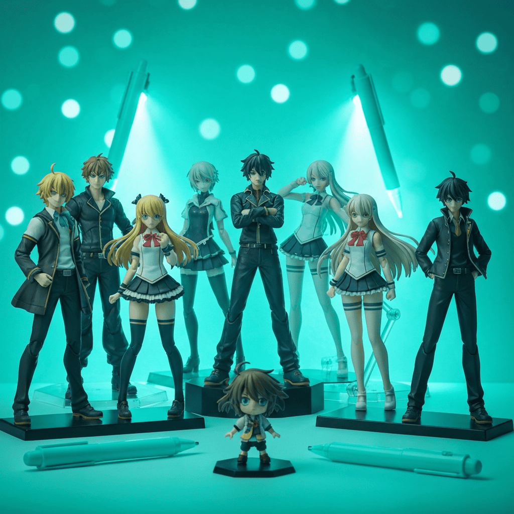 Anime figure shelf under teal concert lighting with a birthday cake, virtual idol celebration