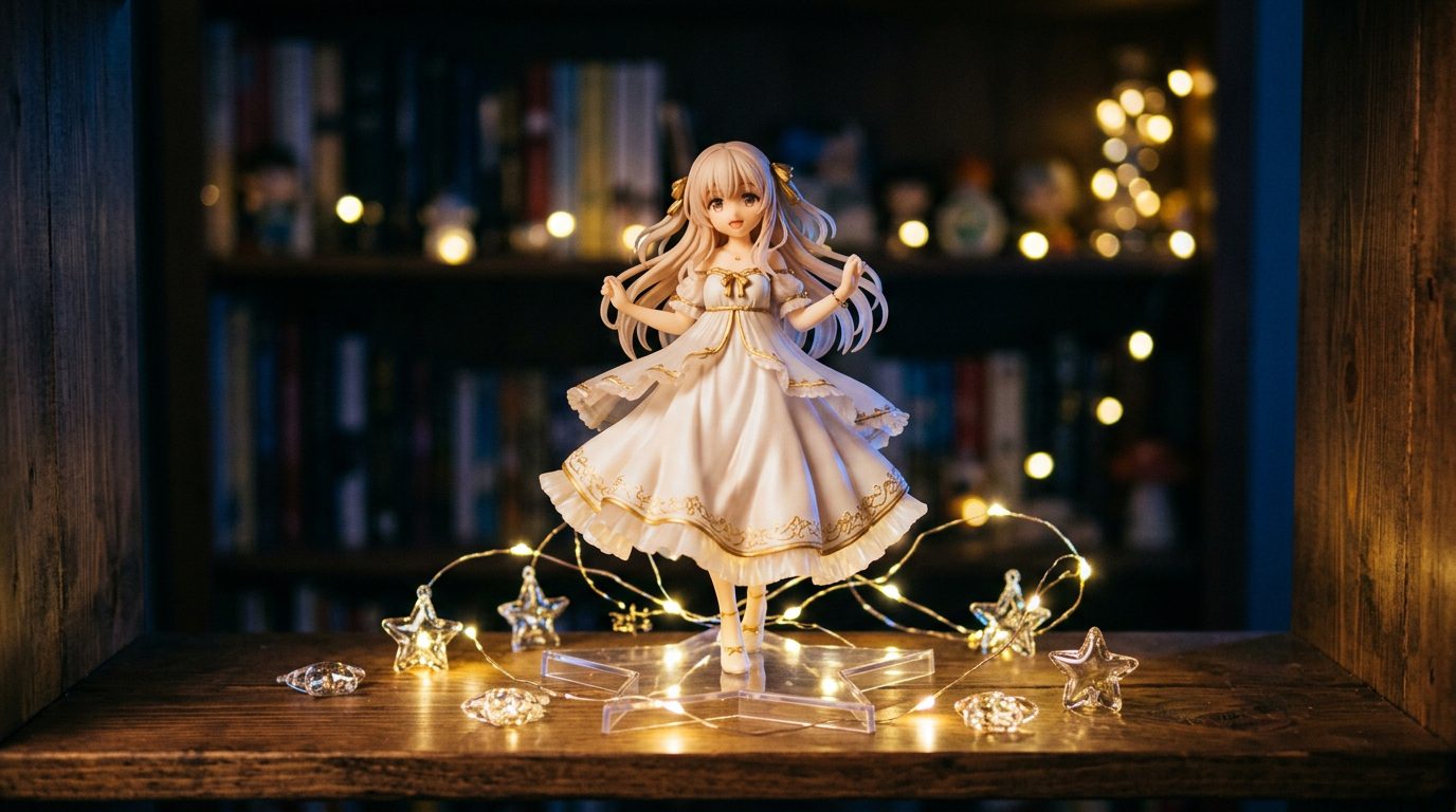 Anime prize figurine in a white star-patterned dress on a clear star base, displayed with fairy lights
