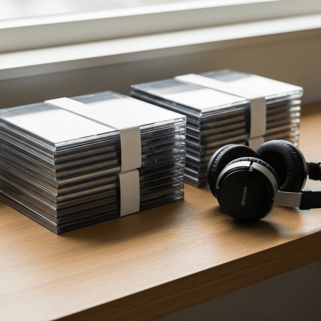 Stack of Japanese CD jewel cases with obi strips on a wooden desk beside headphones
