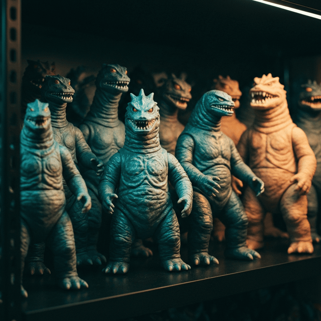 Shelf of Japanese kaiju soft vinyl figures in a collector shop