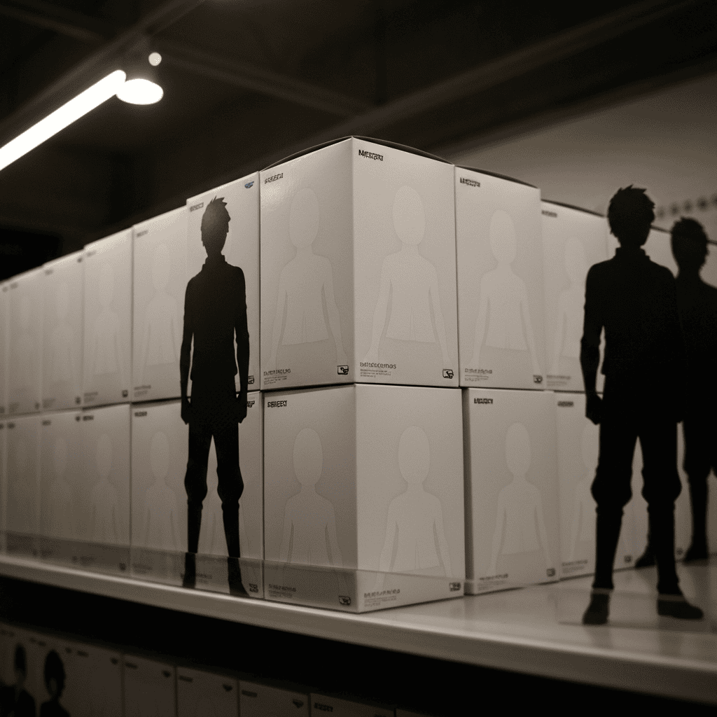 Shelves of collectible figure boxes in a Japanese hobby shop aisle under warm lighting