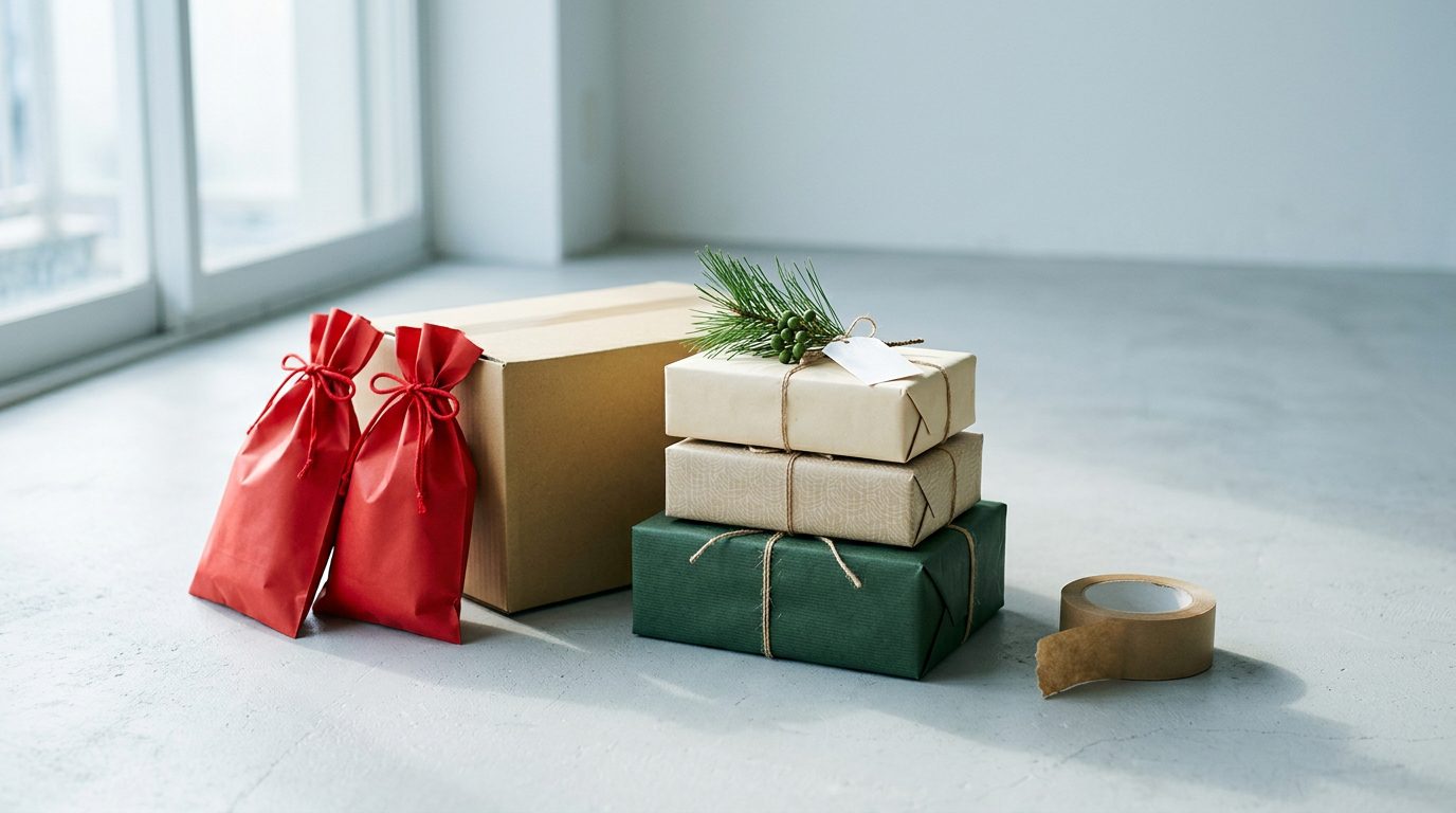 Wrapped parcels, a kraft shipping carton and two red lucky bags on a pale floor