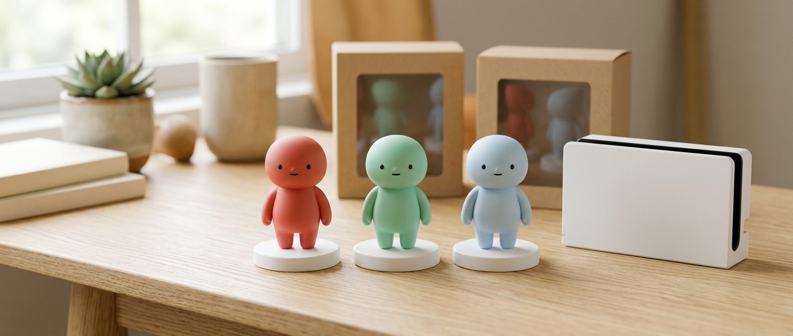 Three collectible vinyl game figures on white bases beside a white console dock