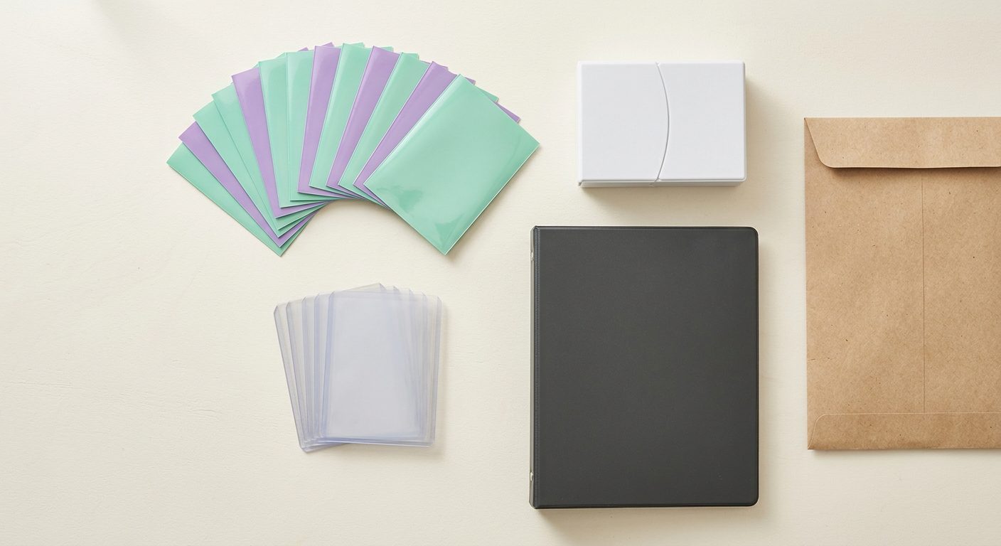 Blank trading card sleeves, deck case and binder laid out on a cream desk