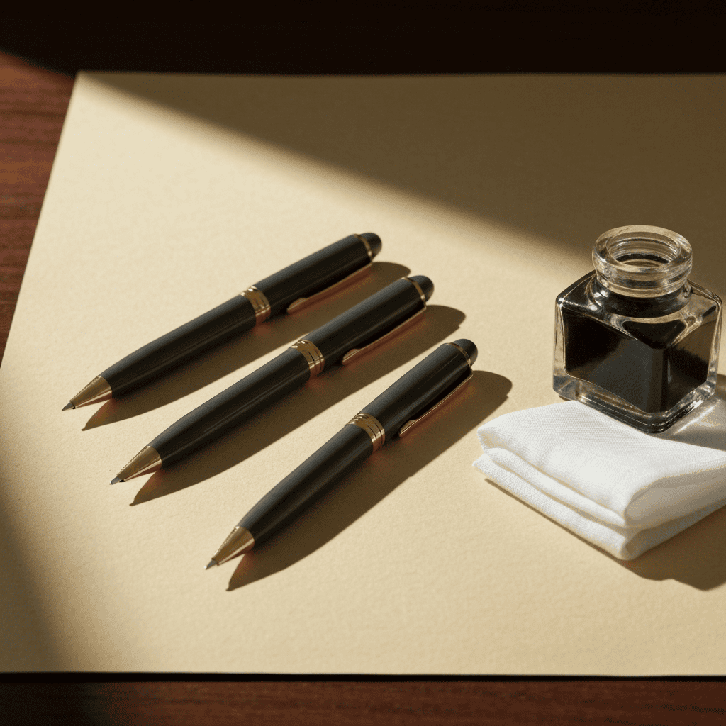 Three gold-nib fountain pens uncapped on cream paper beside a glass ink bottle