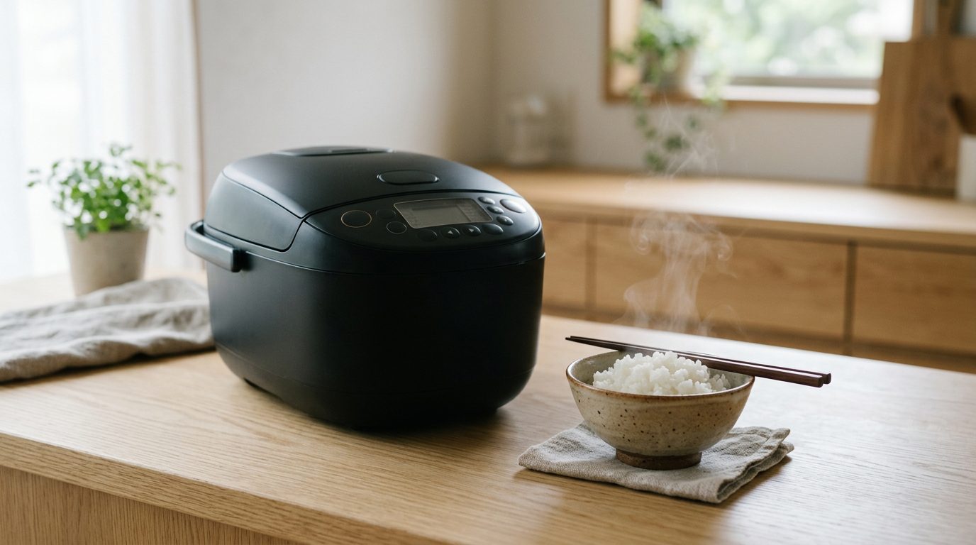 Black kitchen appliance on a wooden counter beside a bowl of cooked white rice