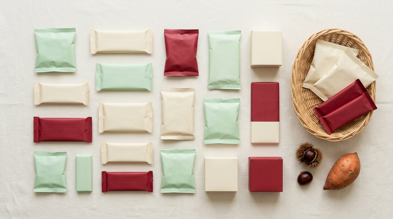 Overhead flat lay of assorted sealed Japanese snack packets with chestnuts and a sweet potato