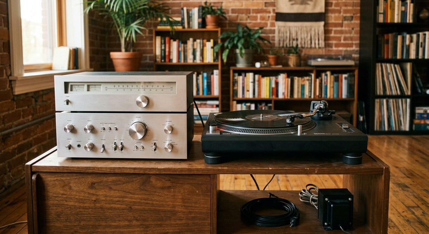 Vintage Japanese silver-faced amplifier and tuner beside a direct drive turntable