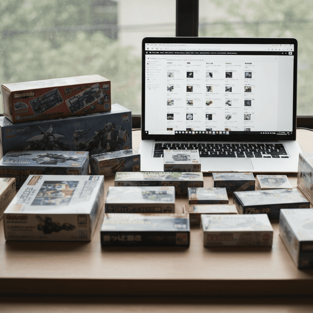 Japanese model kit boxes on a desk beside a laptop showing an auction listing grid