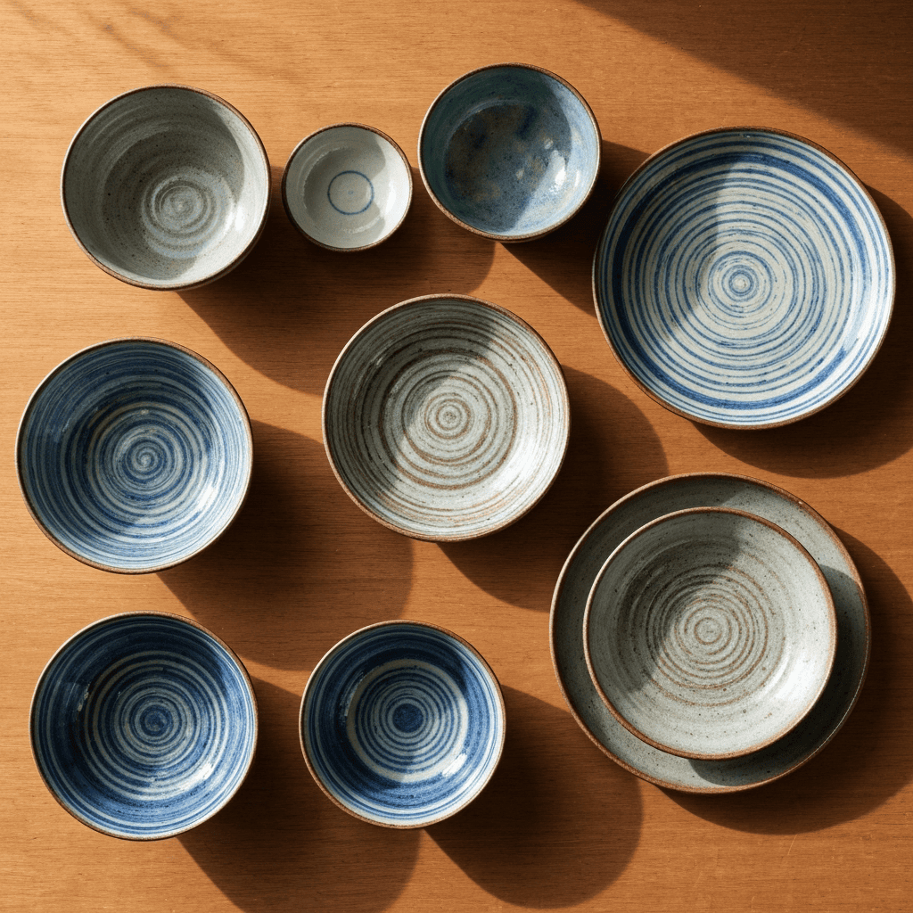 handcrafted japanese ceramic bowls and plates on a wooden table