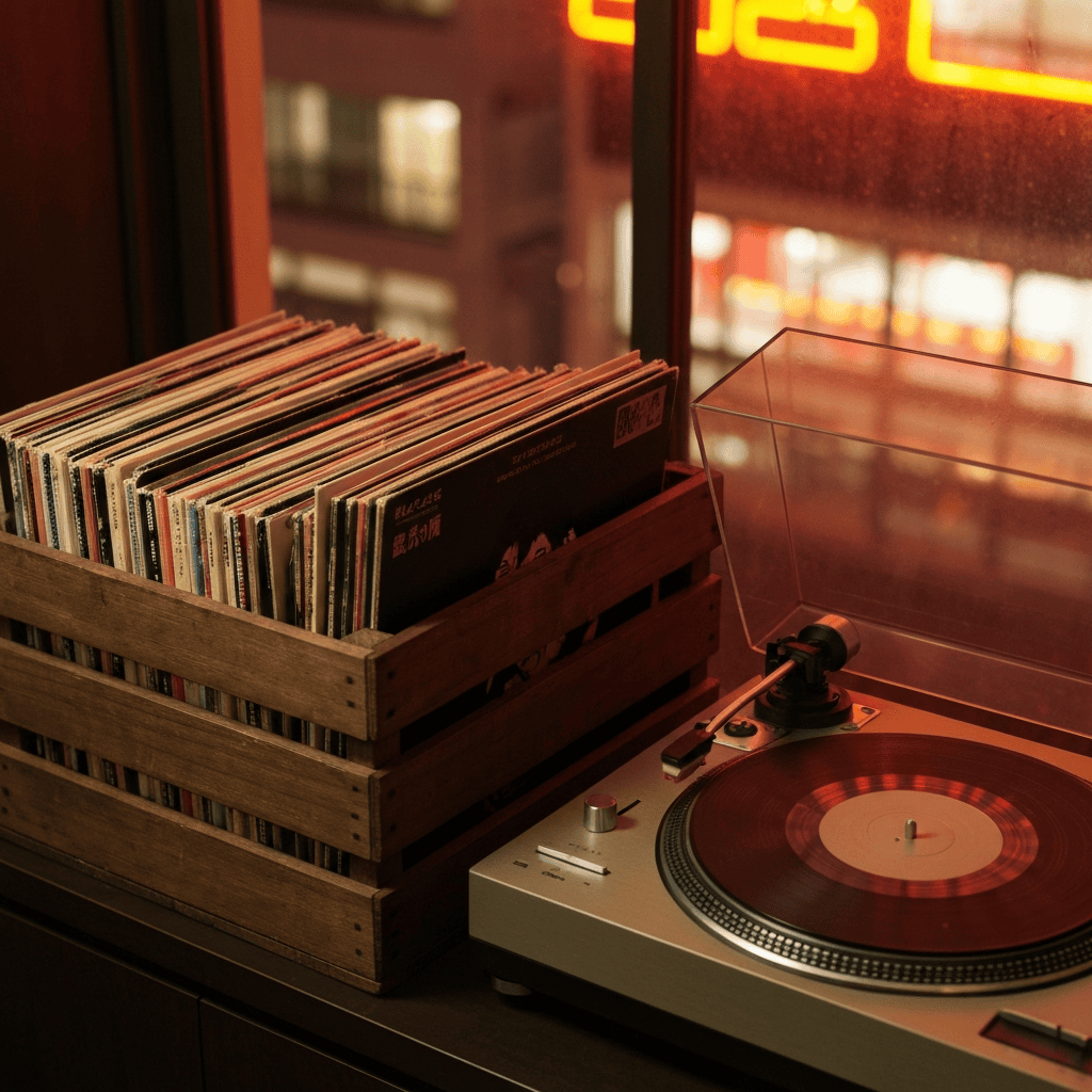 crate of vintage japanese vinyl records with a turntable