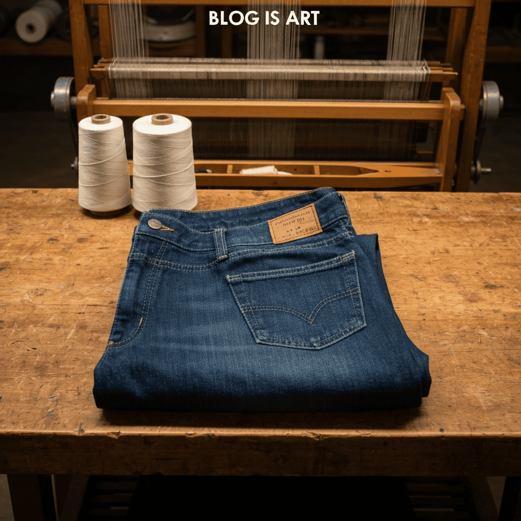 folded raw selvedge denim jeans on a workbench