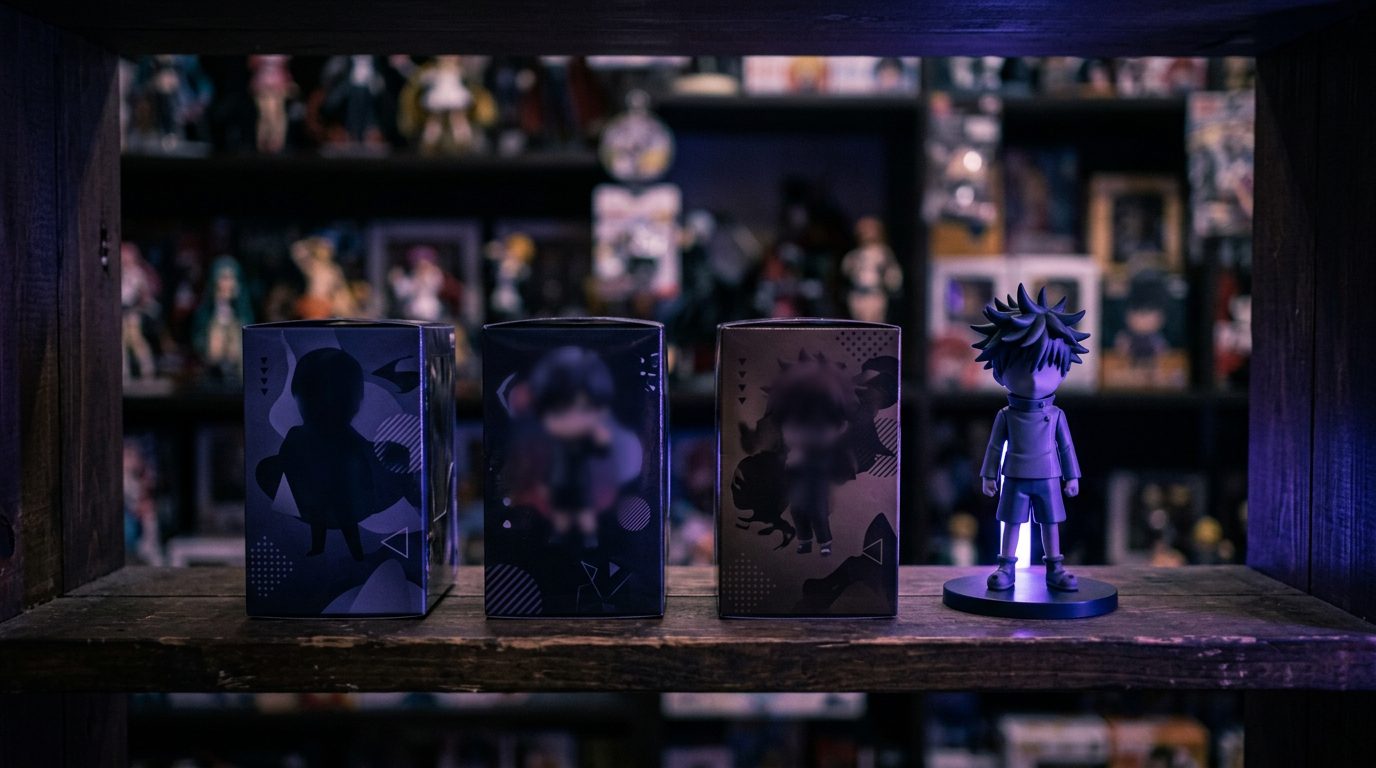 Anime collectible figure boxes and one unboxed figure on a dark shelf under violet lighting