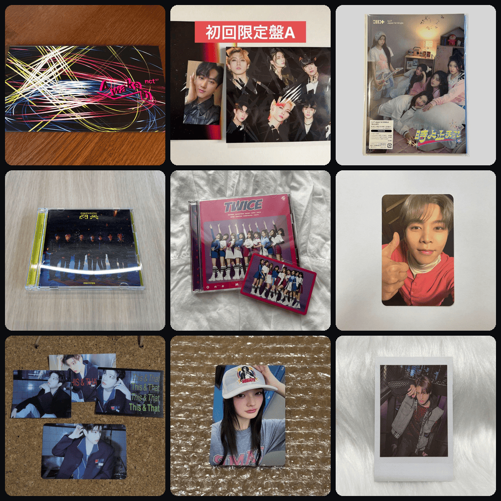 Flat-lay of collectible photocards in sleeves, CD cases and photo prints