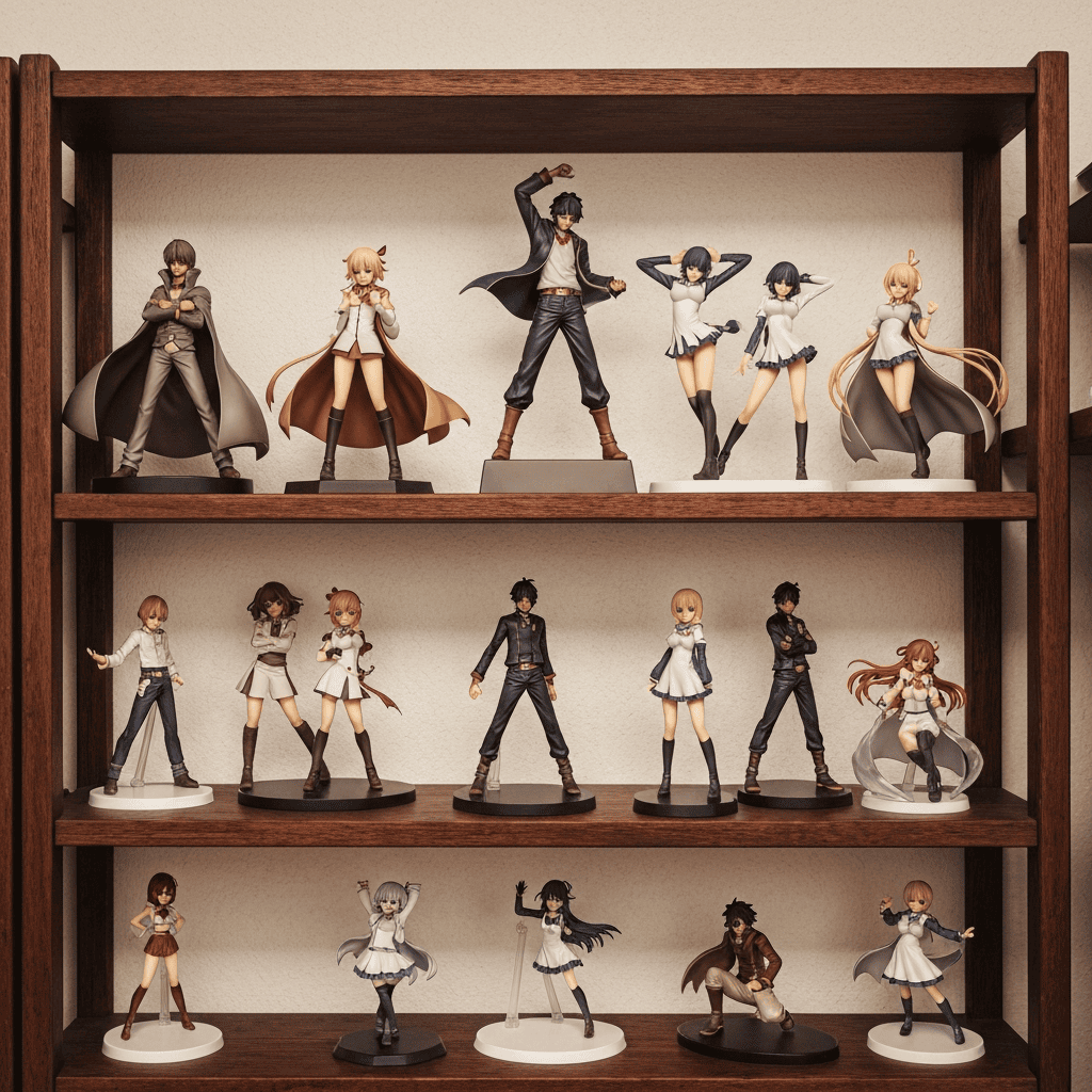 Shelf of anime figures and collectible boxes in a Japanese shop