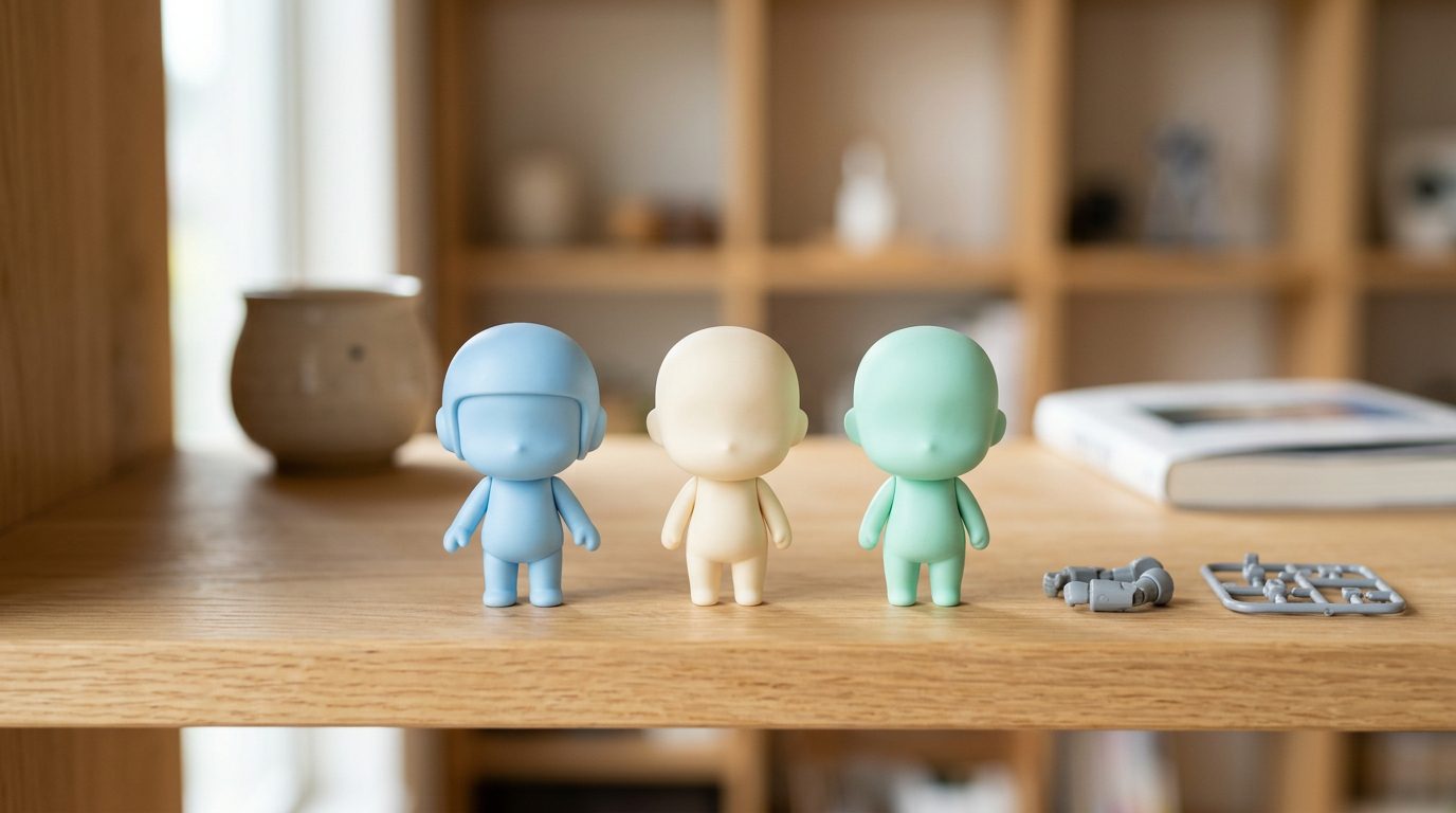 Three small chibi-style toy figures on a pale wooden shelf beside spare plastic parts