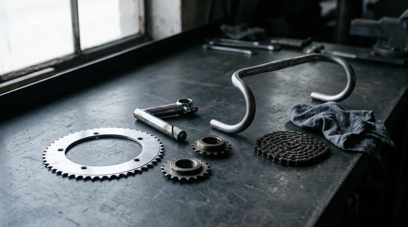 Vintage steel track bicycle chainring, cogs, stem and drop bar on a workshop bench