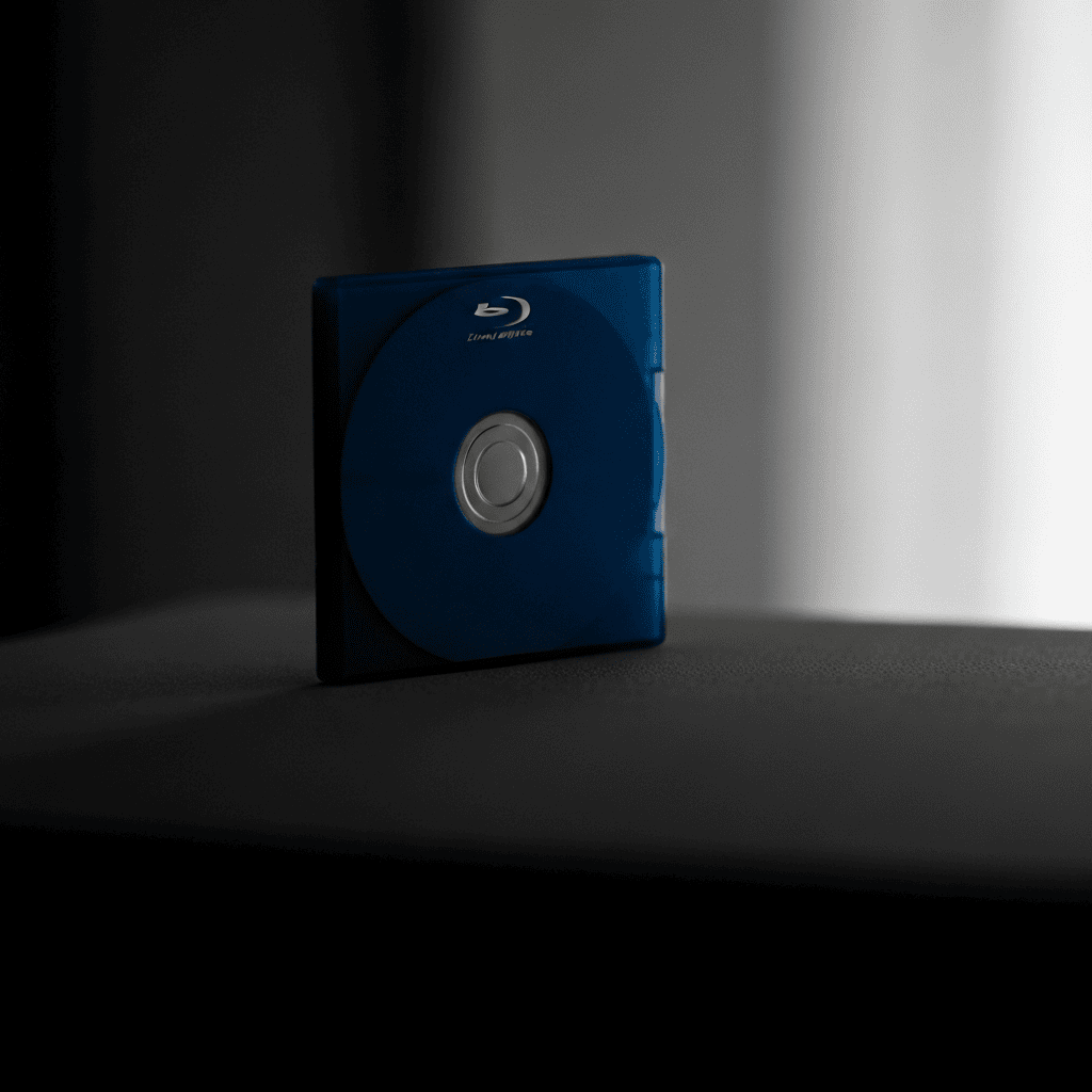 Blank Blu-ray case and a thick booklet on a dark desk under a warm stage-light beam