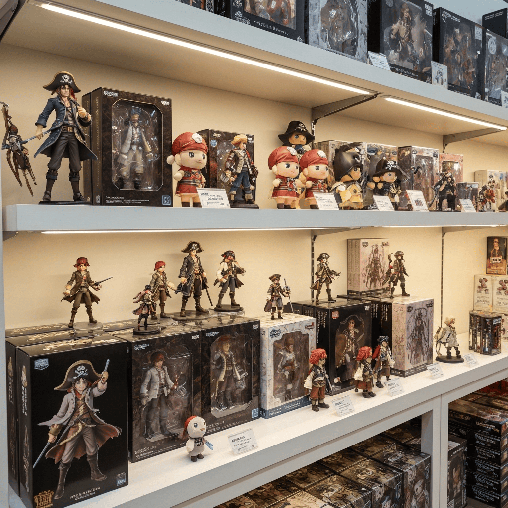 A shelf of collectible anime figures and plush toys in a Japanese hobby shop