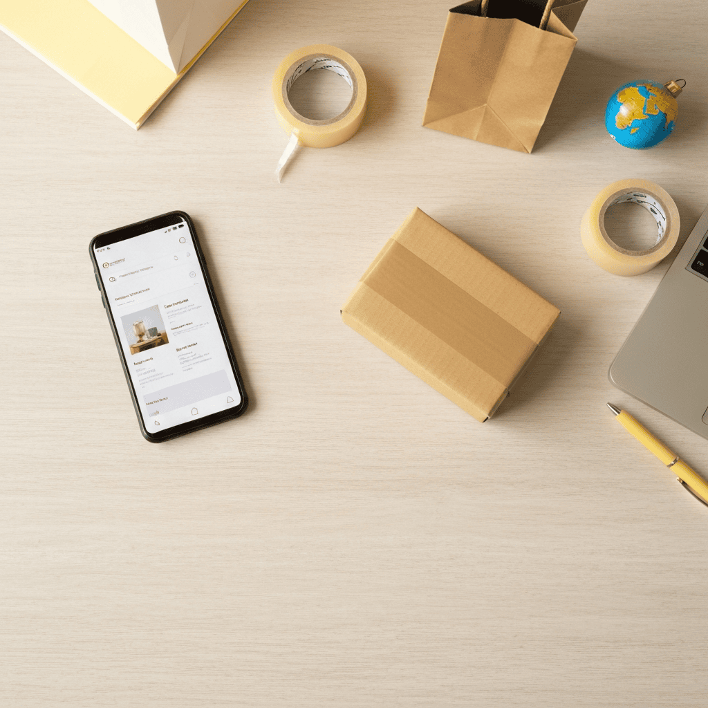 Flat-lay of a phone showing an online store page beside a small parcel and packing supplies