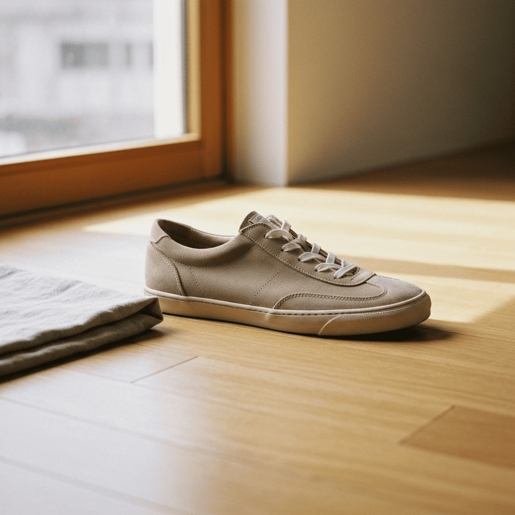 A pair of low-profile retro sneakers on a light oak floor beside a folded cloth