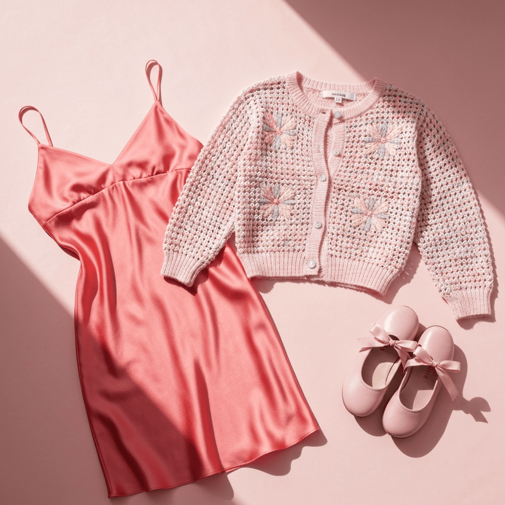 Flat-lay of a floral puff-sleeve dress, lace cardigan, ribbon bag and frilled socks on pale pink