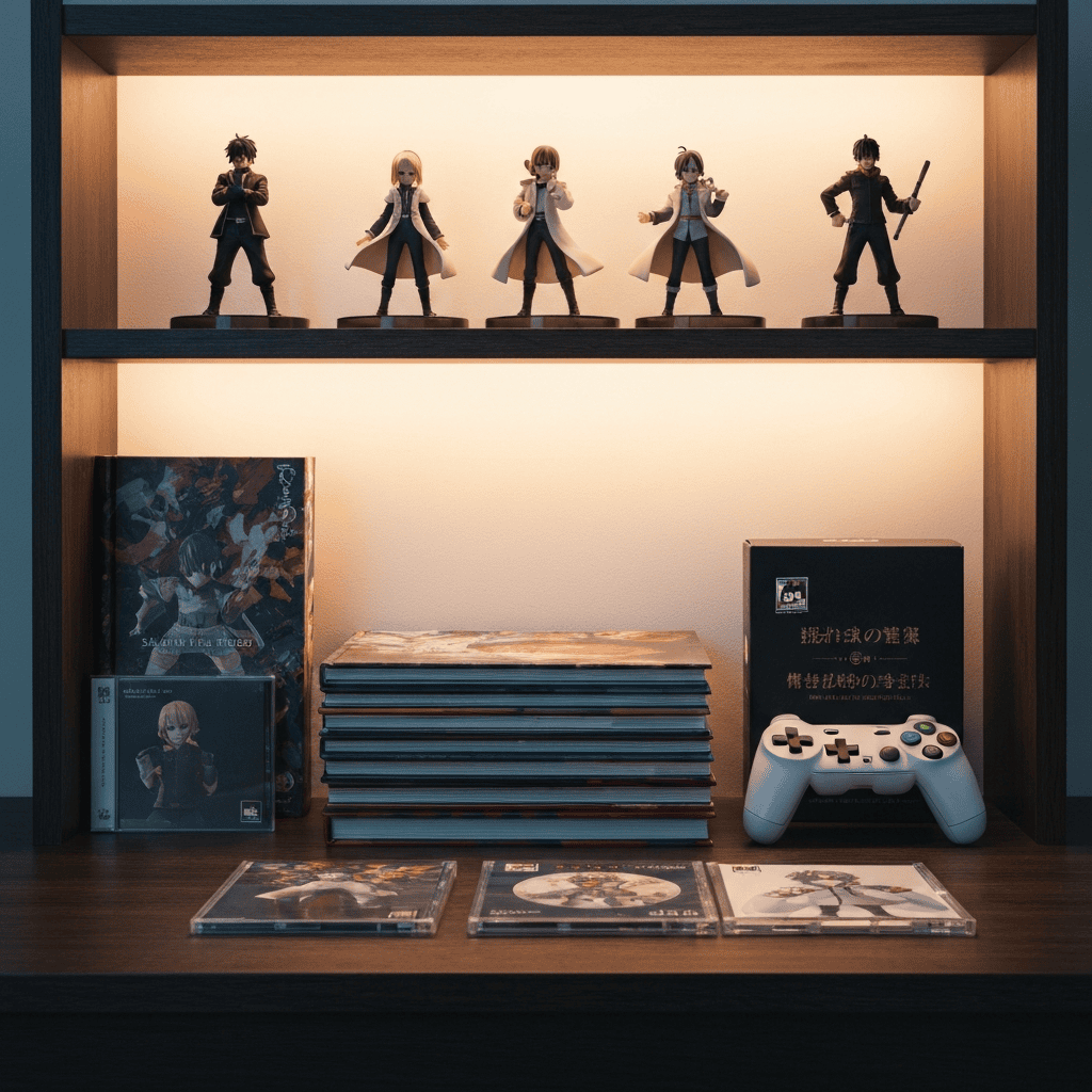 Shelf flat-lay of anime game figures, art books and soundtrack CDs