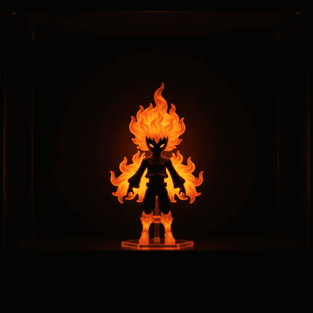Anonymous flame-themed collectible figure with translucent orange effect parts on a dark shelf