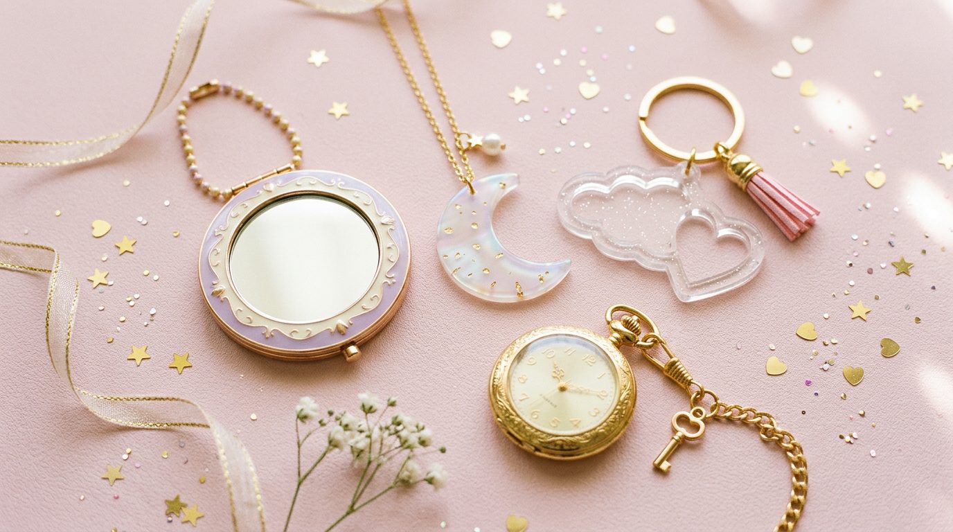 Flat-lay of a pocket mirror, crescent charm, acrylic keyring and pocket watch on pink