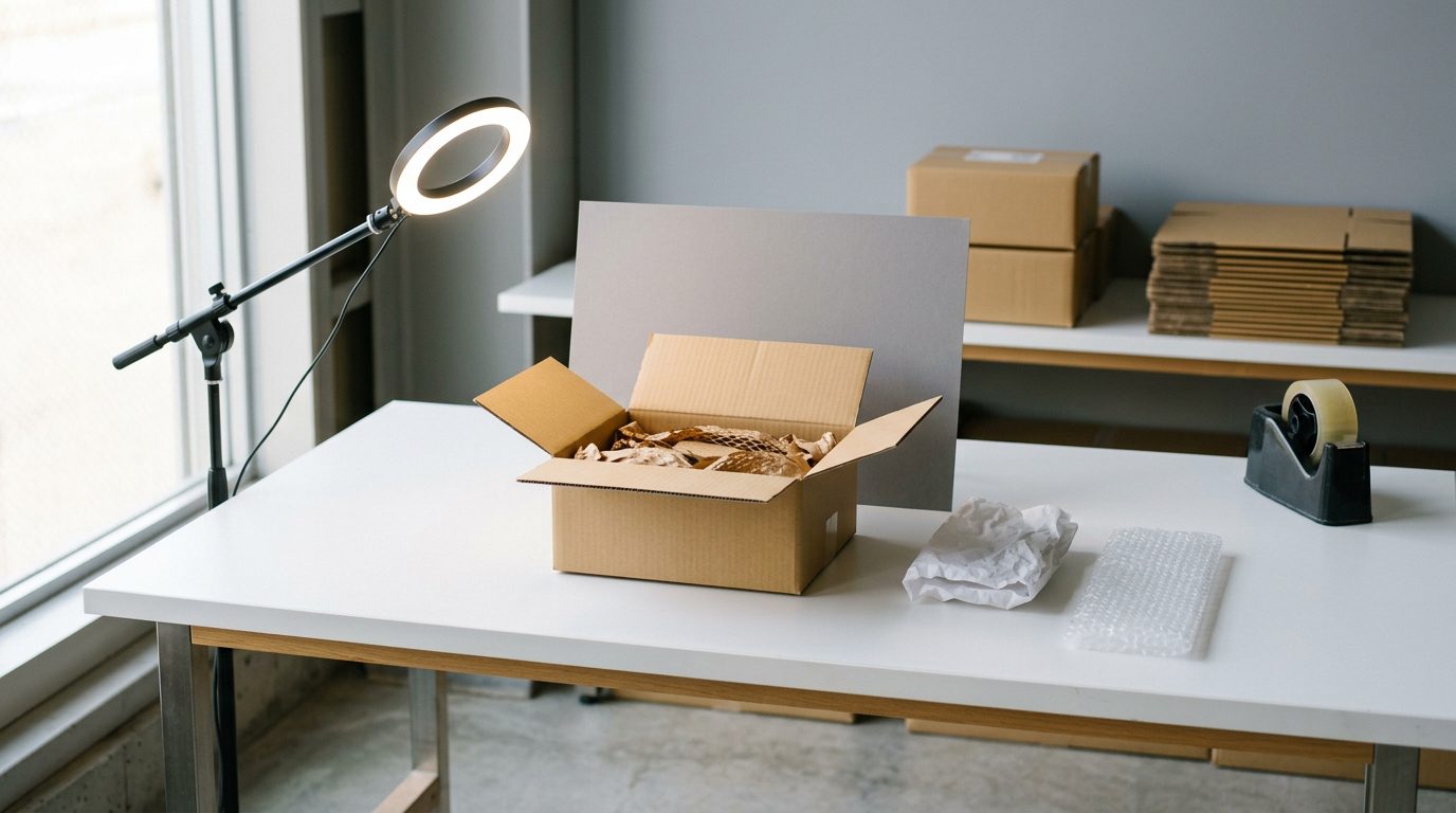 Warehouse inspection bench in Japan with an opened parcel under a photo light