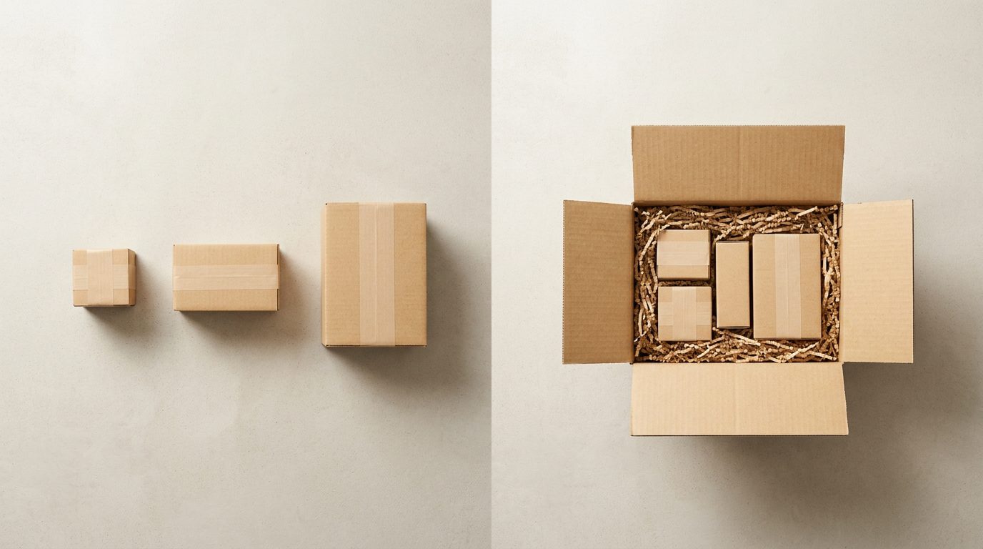 Three small parcels beside one larger box holding the same items together