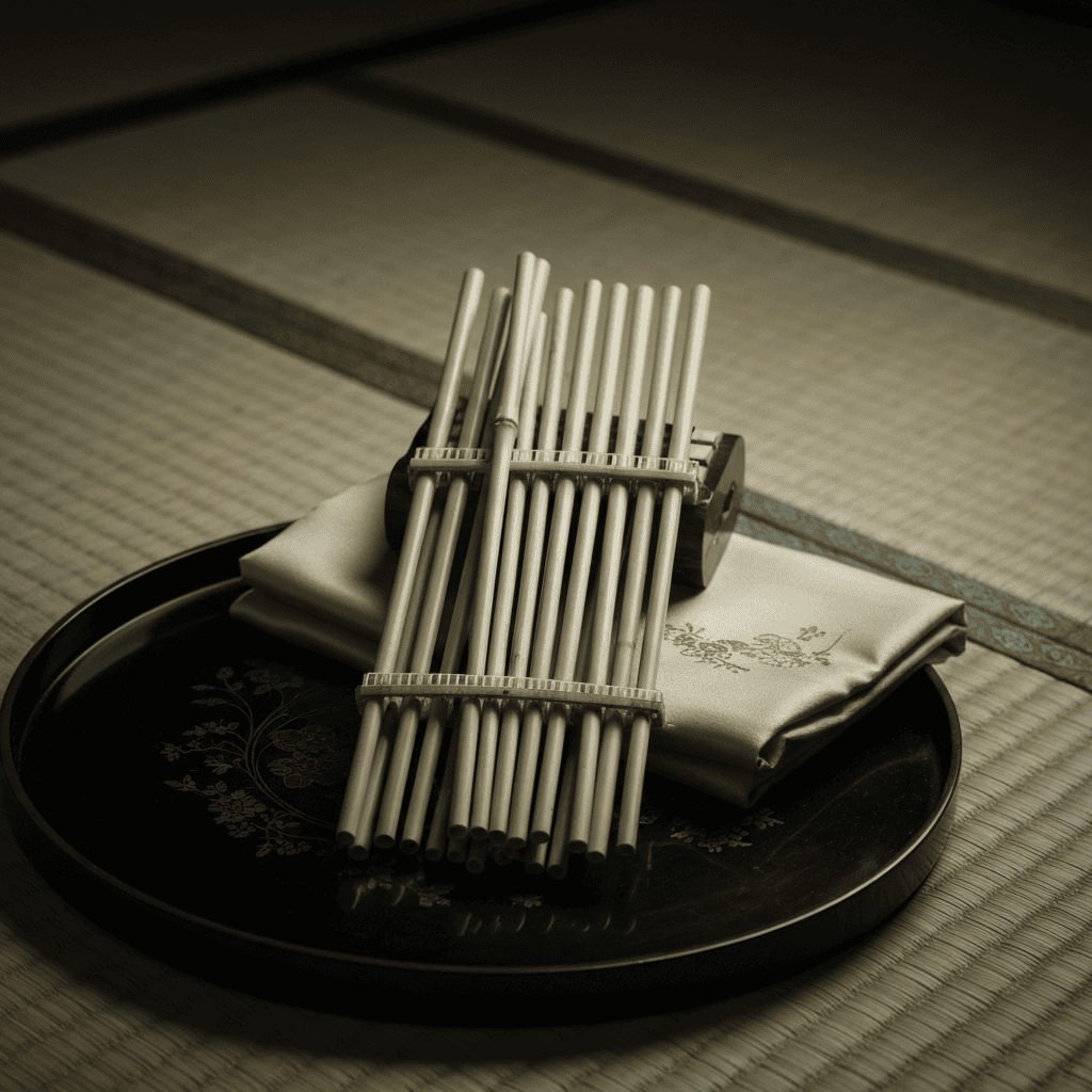 Traditional bamboo mouth organ with vertical pipes resting on a lacquered tray