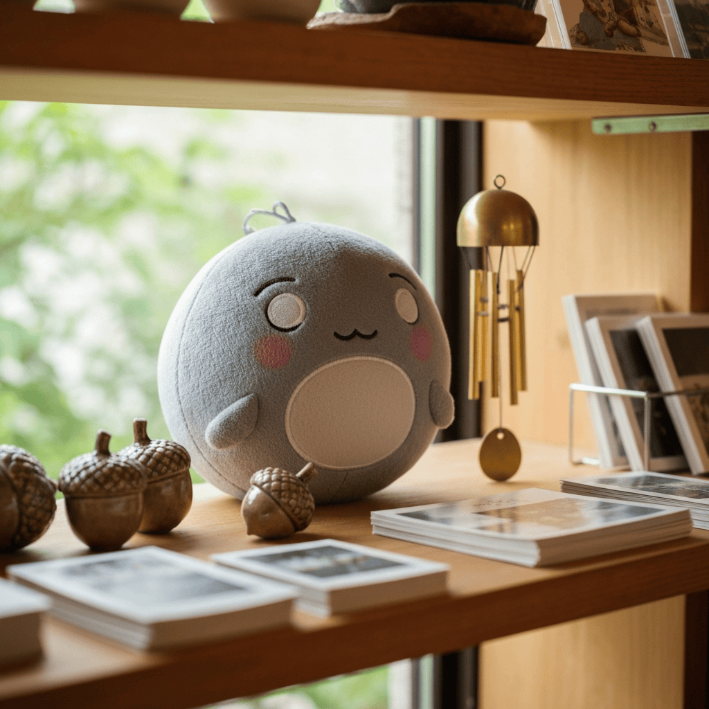 Wooden shop shelf with a round grey plush, a brass wind chime and postcards