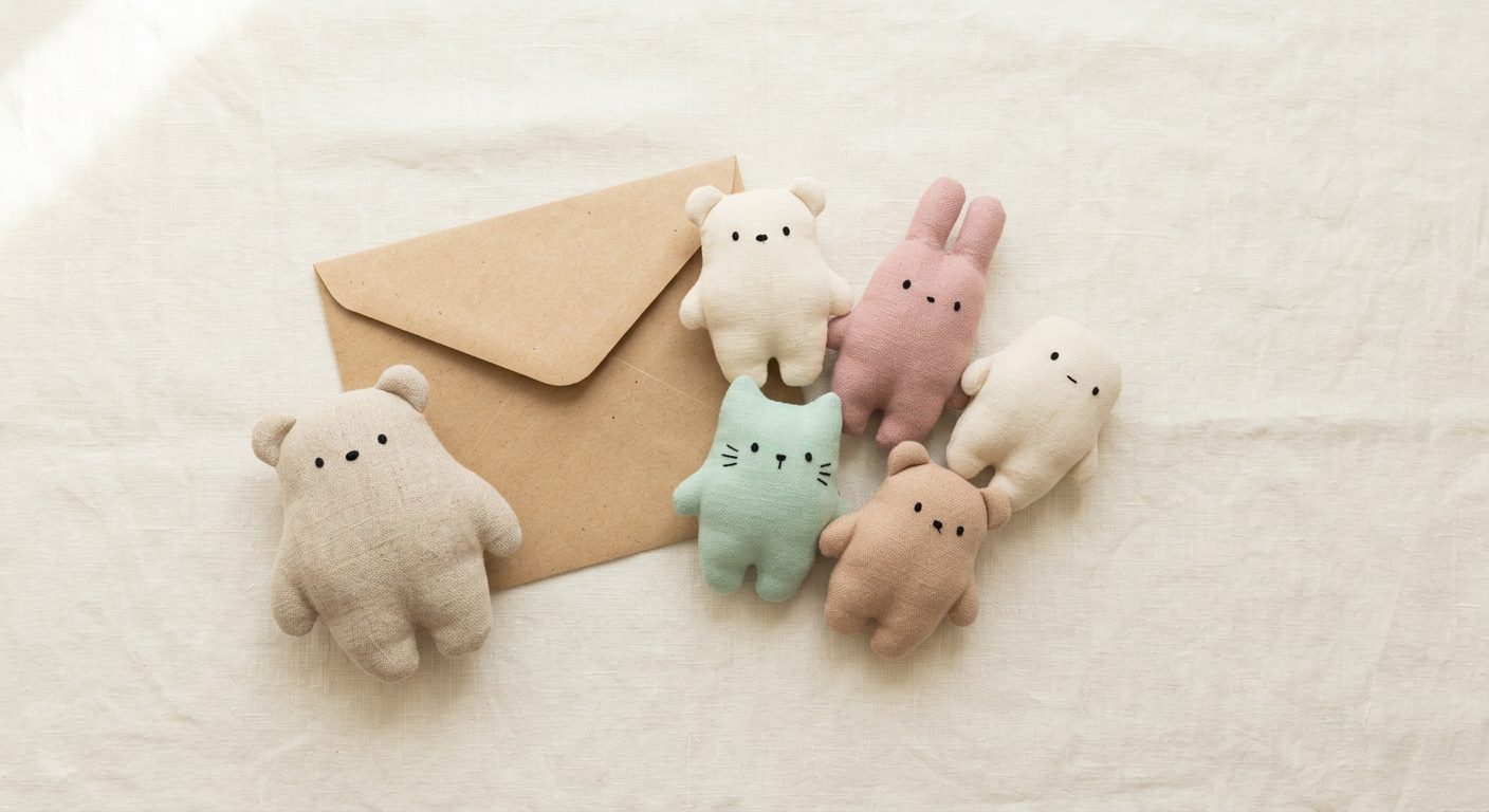 Pastel Japanese plush toys arranged on cream linen beside a kraft mailer