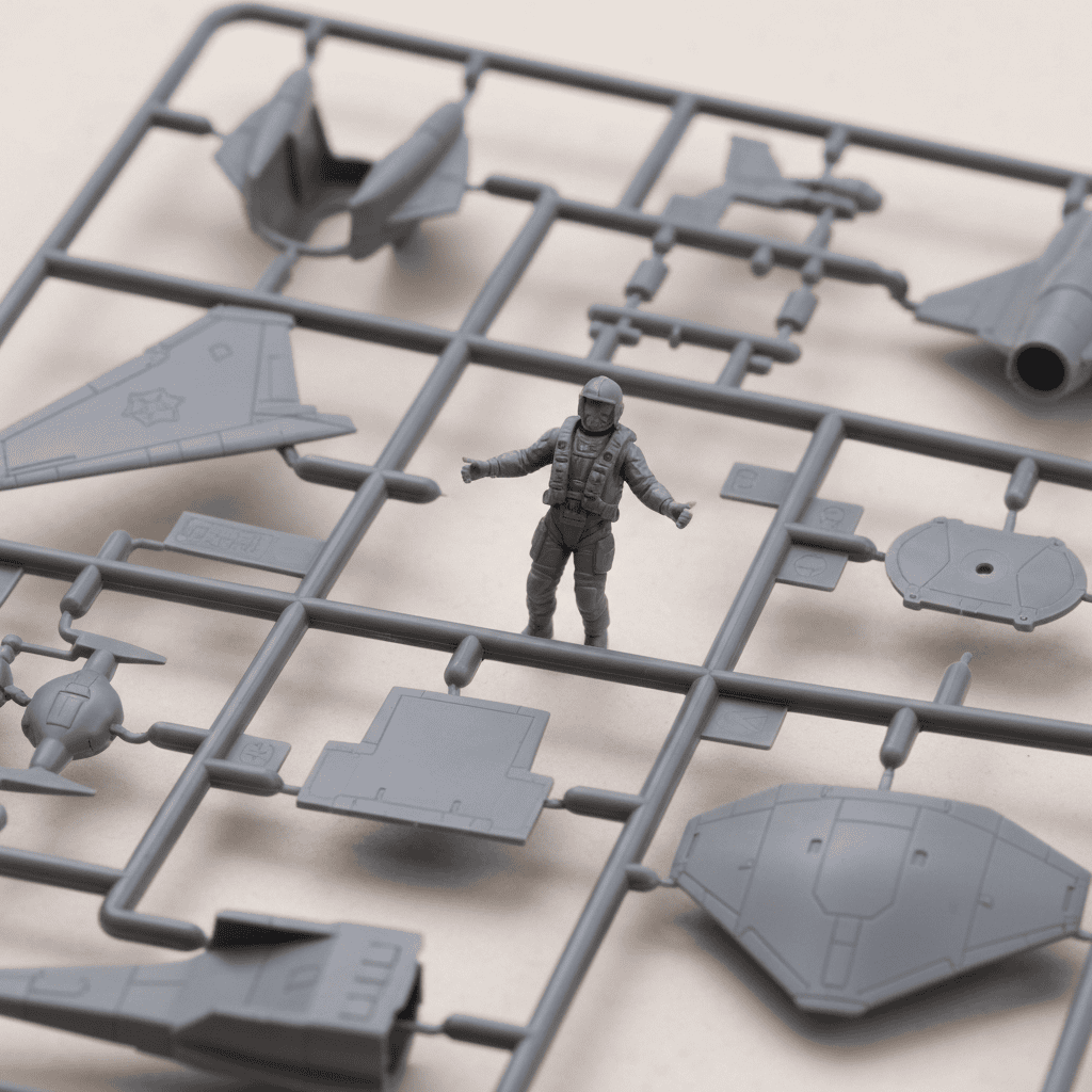 An unbuilt grey plastic model kit sprue with a hobby knife and sprue cutters on a dark cutting mat