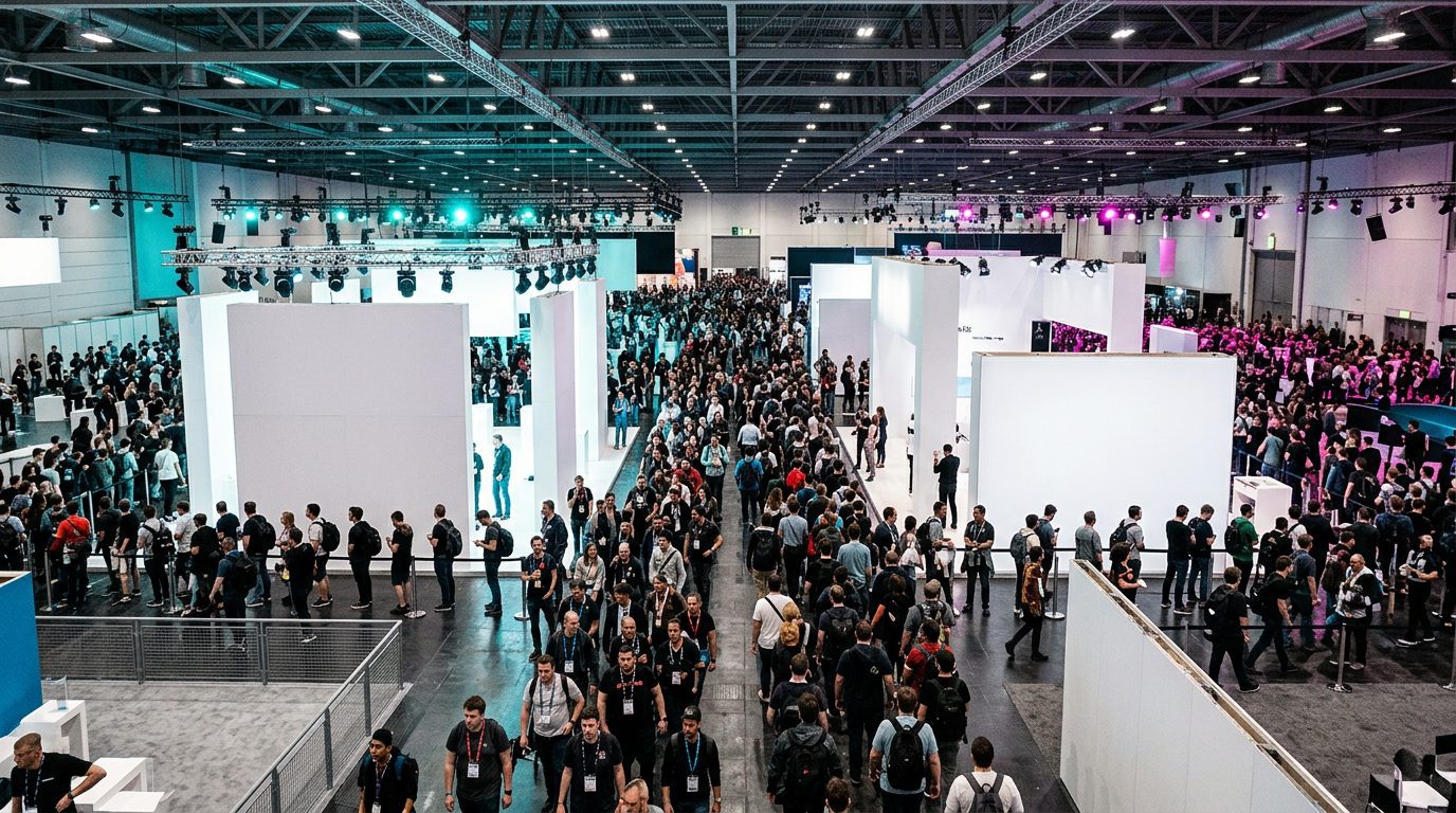 Crowded exhibition hall with visitors queuing between large blank display booths