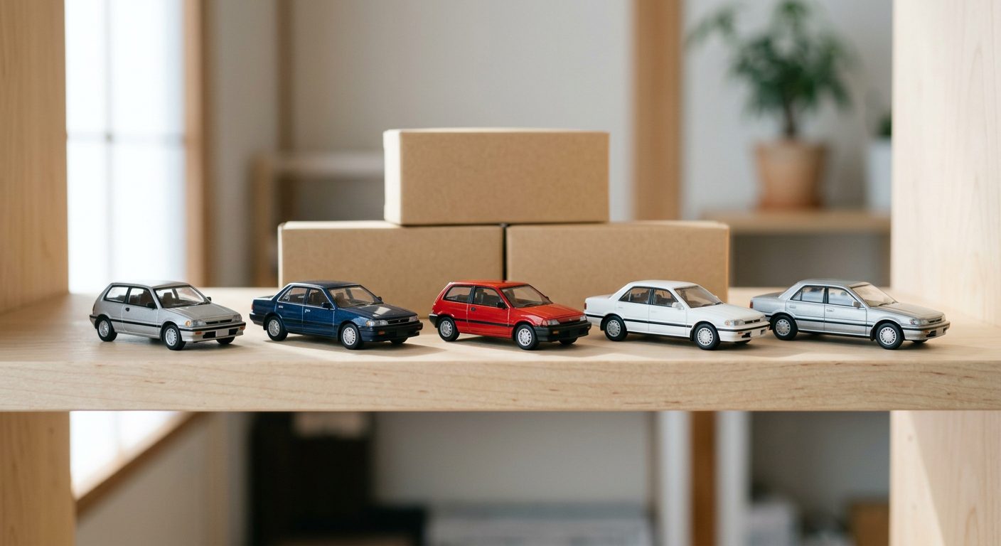 Row of 1/64 scale Japanese die-cast model cars on a birch collector shelf