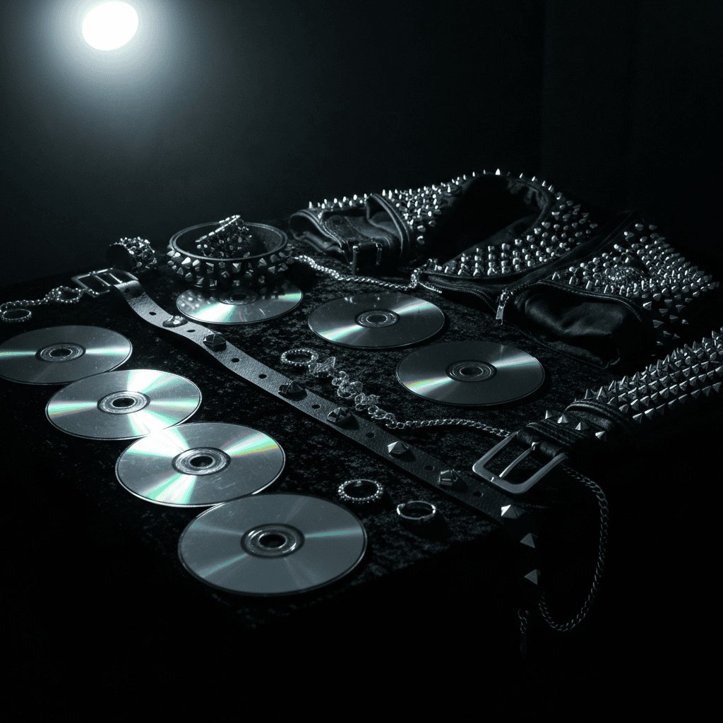 Flat-lay of Japanese rock band CDs, DVDs, studded accessories and dark fashion clothing