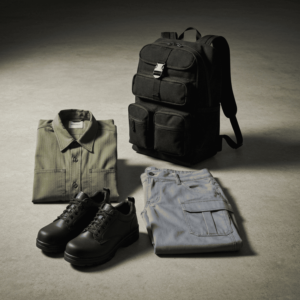 Flat-lay of olive work shirt, cargo trousers, black backpack and safety shoes on concrete