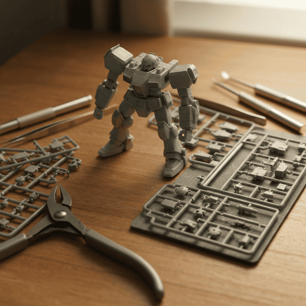 gunpla model-building workbench with tools and sprues