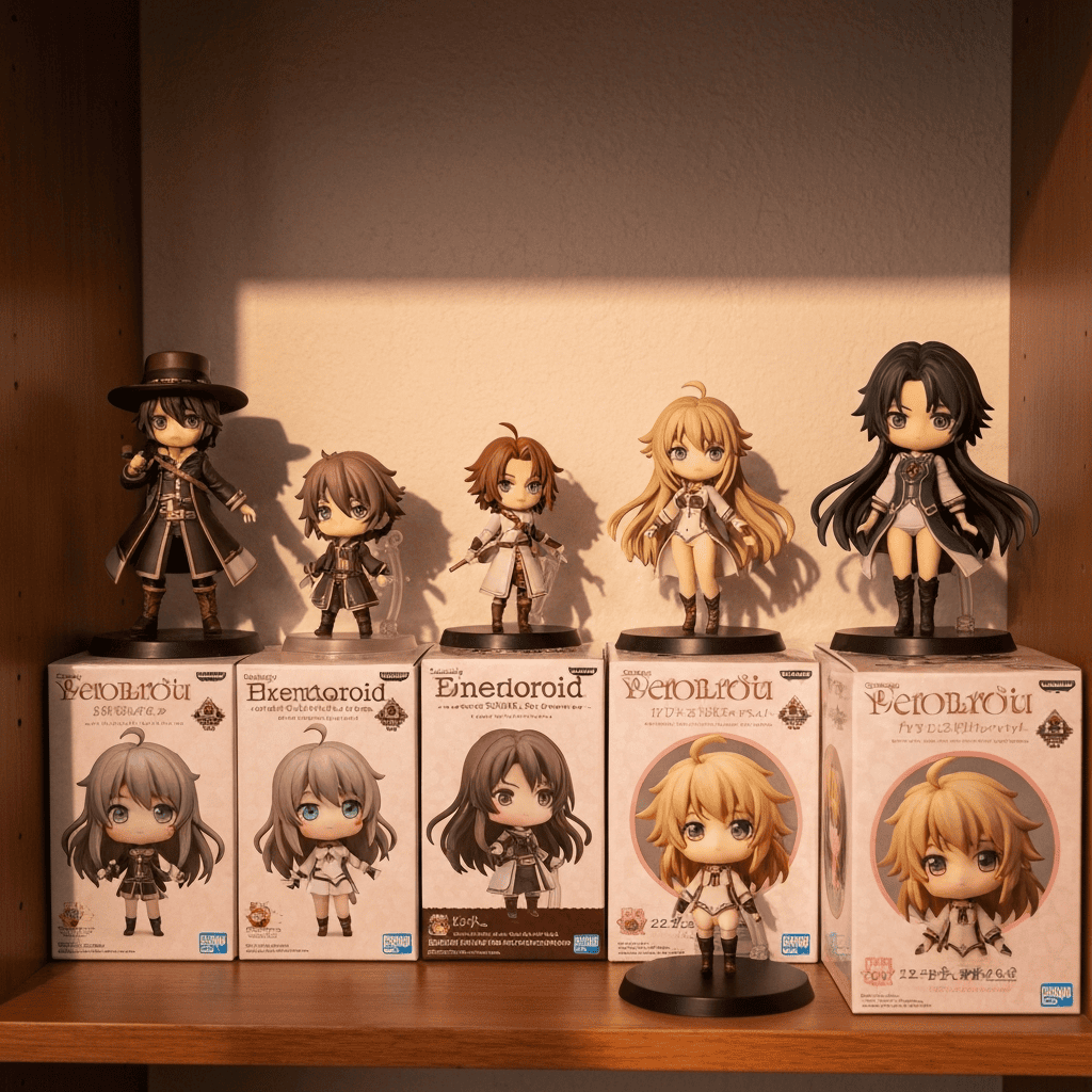 fantasy anime collectible figures on a display shelf