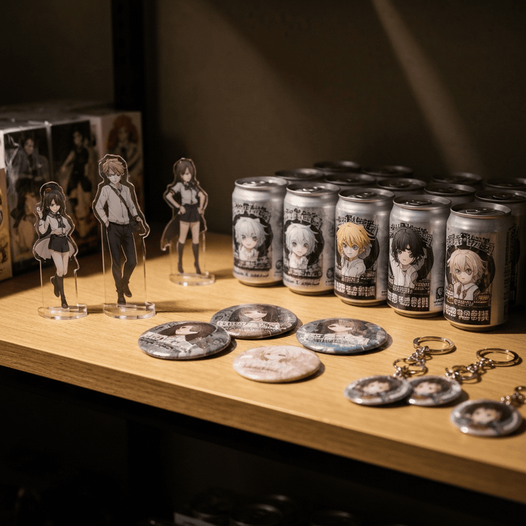 display of anime acrylic stands and badges