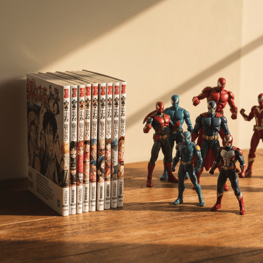manga volumes and hero action figures on a desk