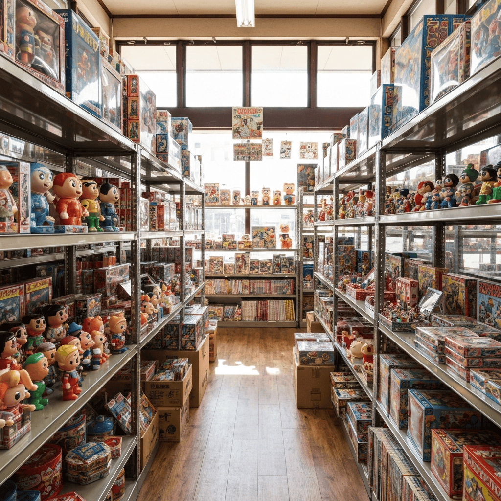 aisle of a Japanese vintage collectibles store