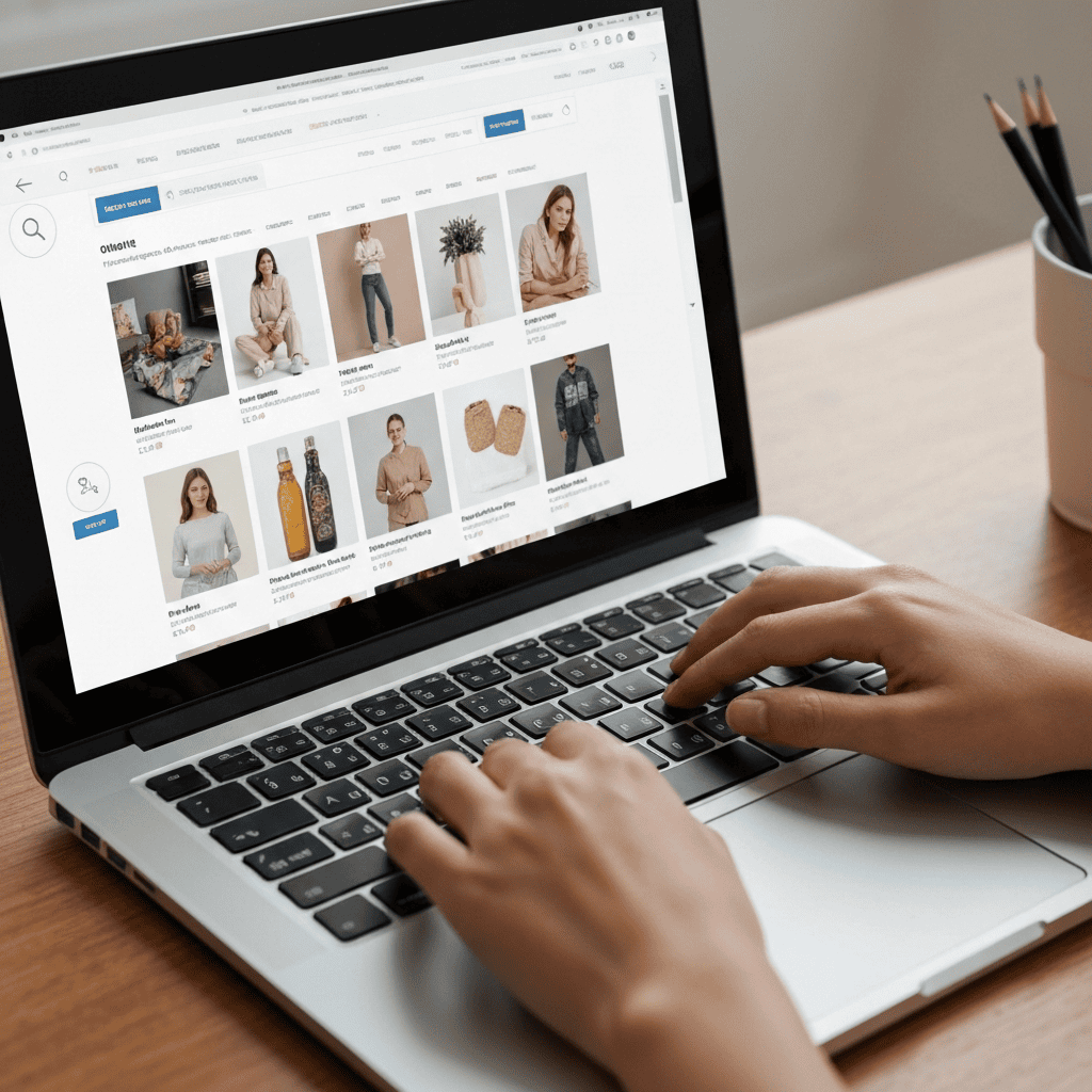 typing an online shopping search on a laptop